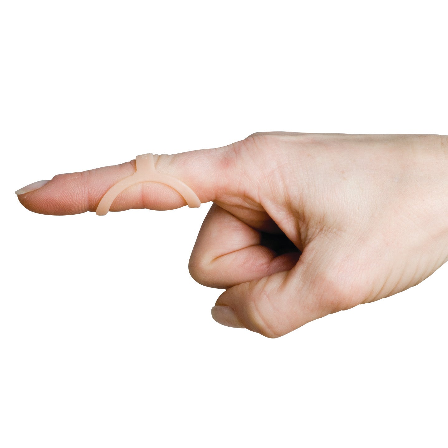 A hand wearing an Oval8 Finger Splint on the index finger, positioned sideways, showing the splint's arch shape.