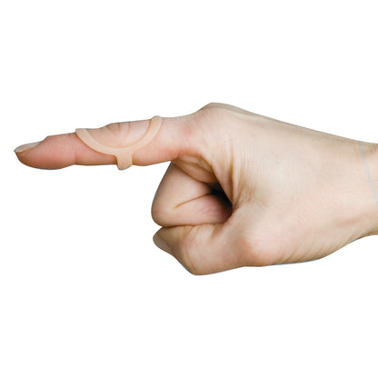 A hand points its index finger, wearing an Oval8 Finger Splint on the middle joint, against a plain white background.