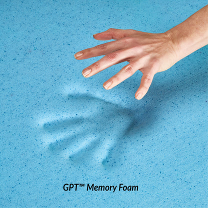 A hand presses into a blue Protekt Stretcher Pad Memory Foam, leaving an impression, showing the foam's texture and flexibility.