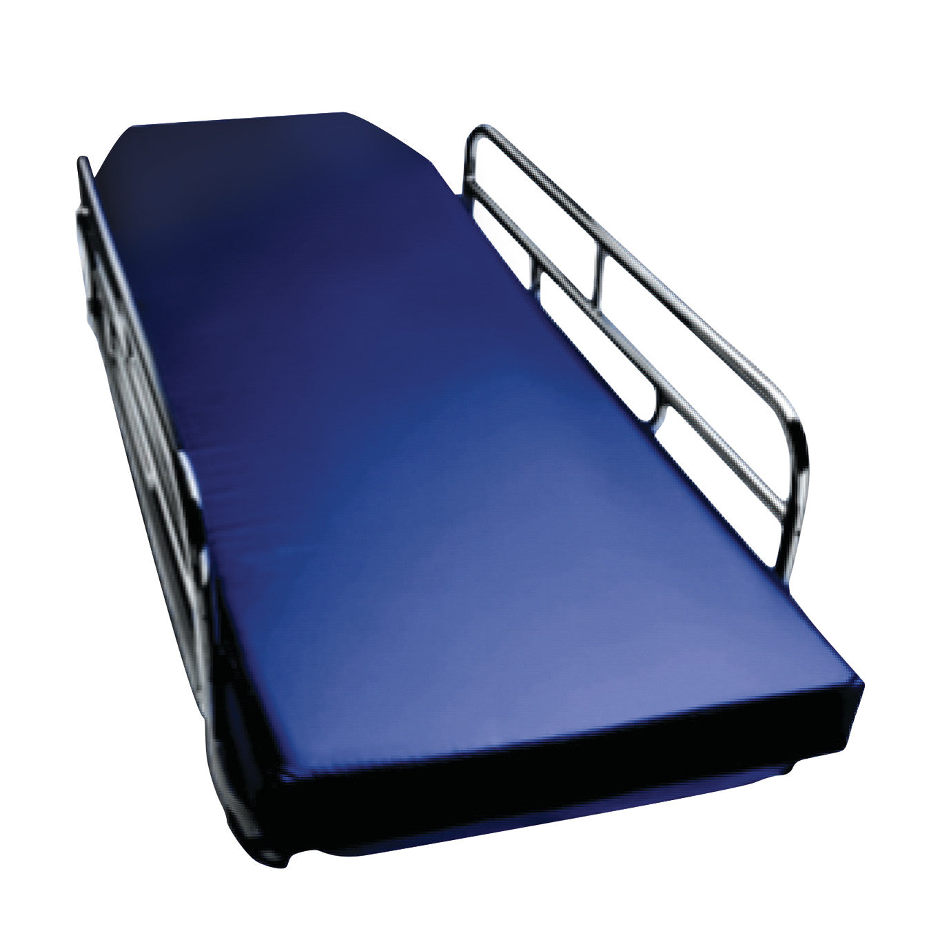 The Protekt Stretcher Pad One Section features a dark blue mattress with metal side rails on each side, designed for secure patient transport.