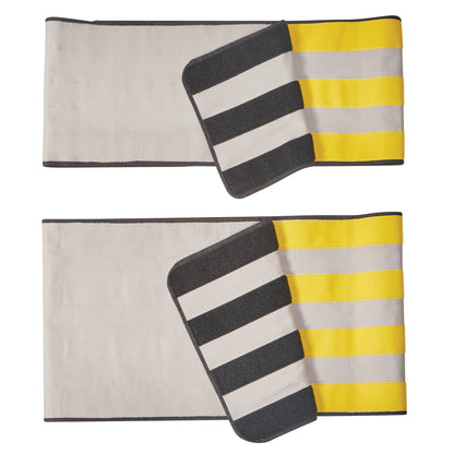 Two AliMed Radiolucent Abdominal Immobilizers with One Closure, featuring gray and yellow striped fabric and black edging.