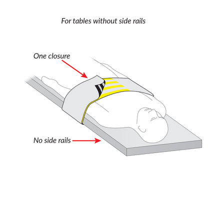 A patient lies on a table without side rails, secured by an AliMed Radiolucent Abdominal Immobilizer with One Closure.