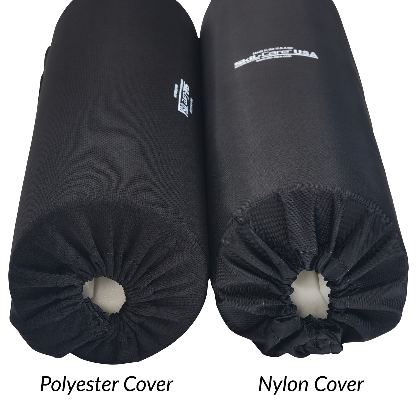 Two Lateral Stabilizer Armrest Bolster covers, one polyester and one nylon, are shown side by side with gathered ends.
