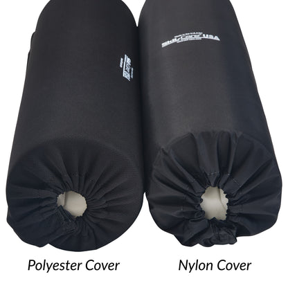 Two Lateral Stabilizer Armrest Bolster covers, one polyester and one nylon, are shown side by side with gathered ends.