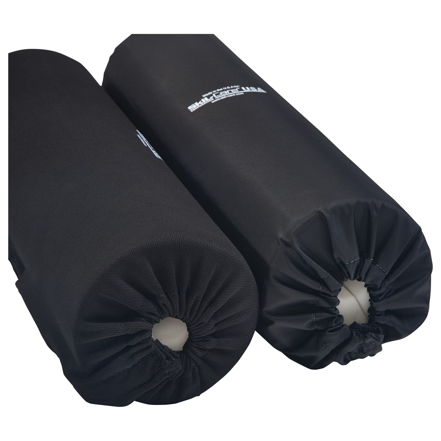 Two black cylindrical Lateral Stabilizer Armrest Bolster Full Arm Poly And Nylon Covers with elastic ends rest side by side.