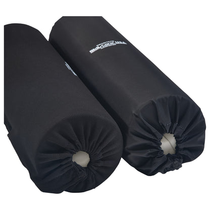 Two black cylindrical Lateral Stabilizer Armrest Bolster Full Arm Poly And Nylon Covers with elastic ends rest side by side.