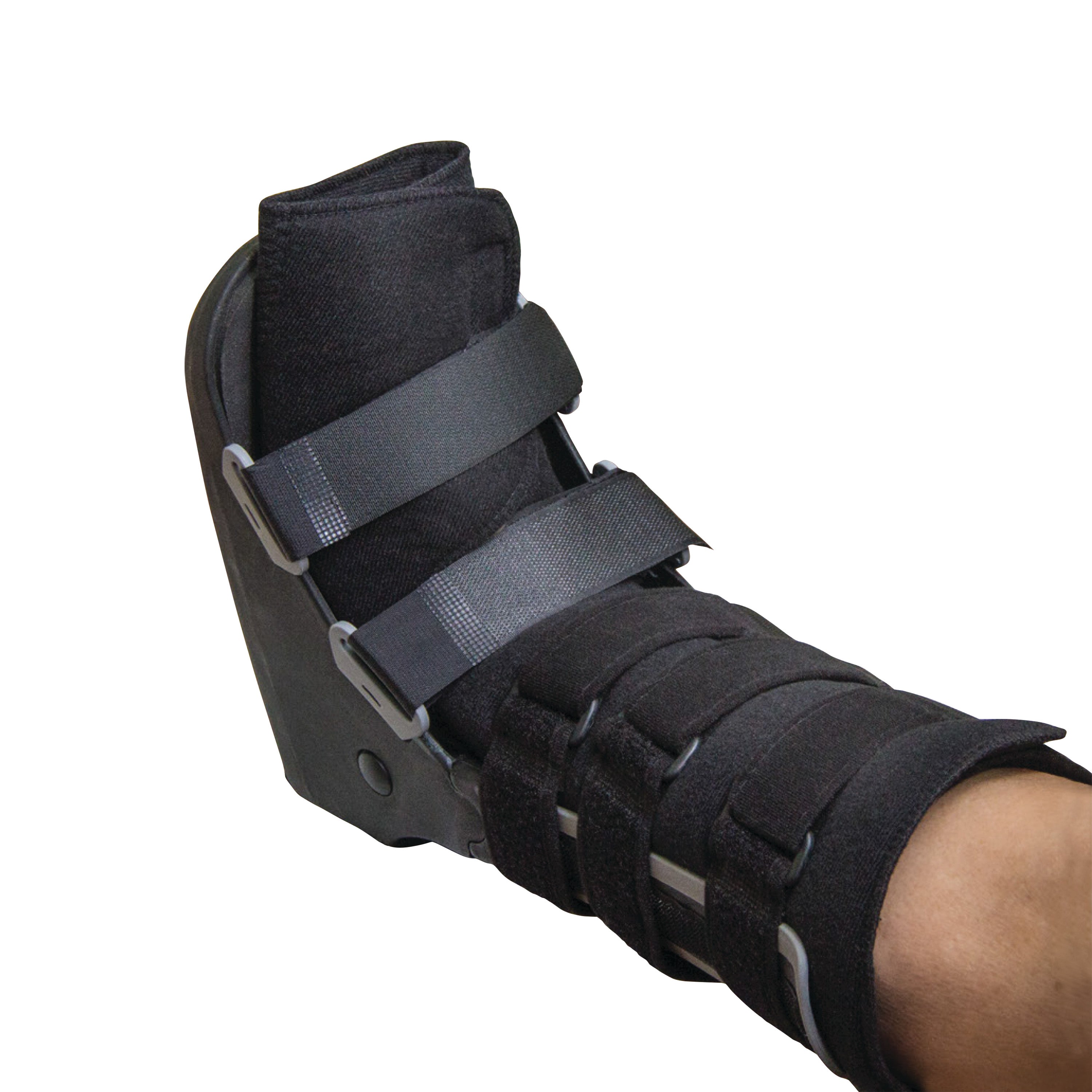 A patient's foot is in a DARCO FX Pro High Walker boot, secured with black straps for support and immobilization.