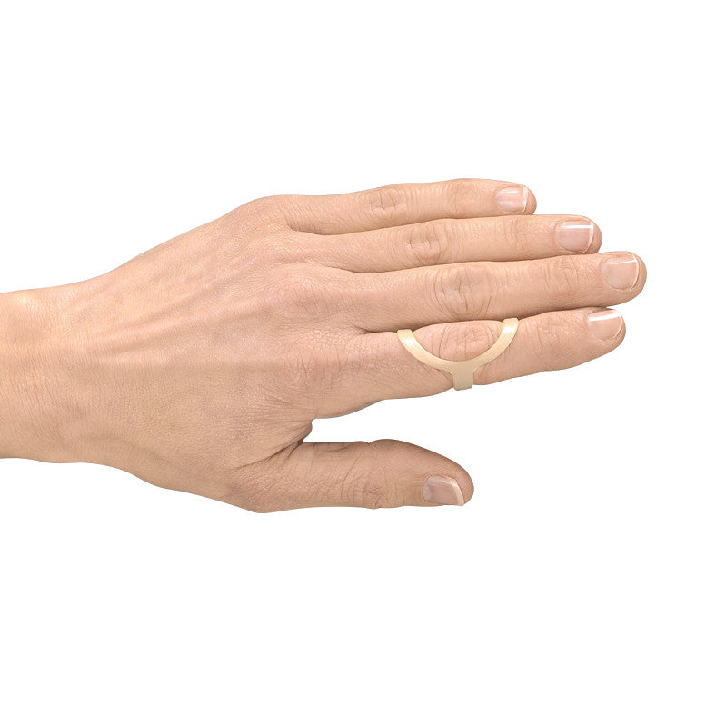 A hand wearing an Oval-8 Finger Splint Graduated Set on the middle finger, designed for support and alignment.
