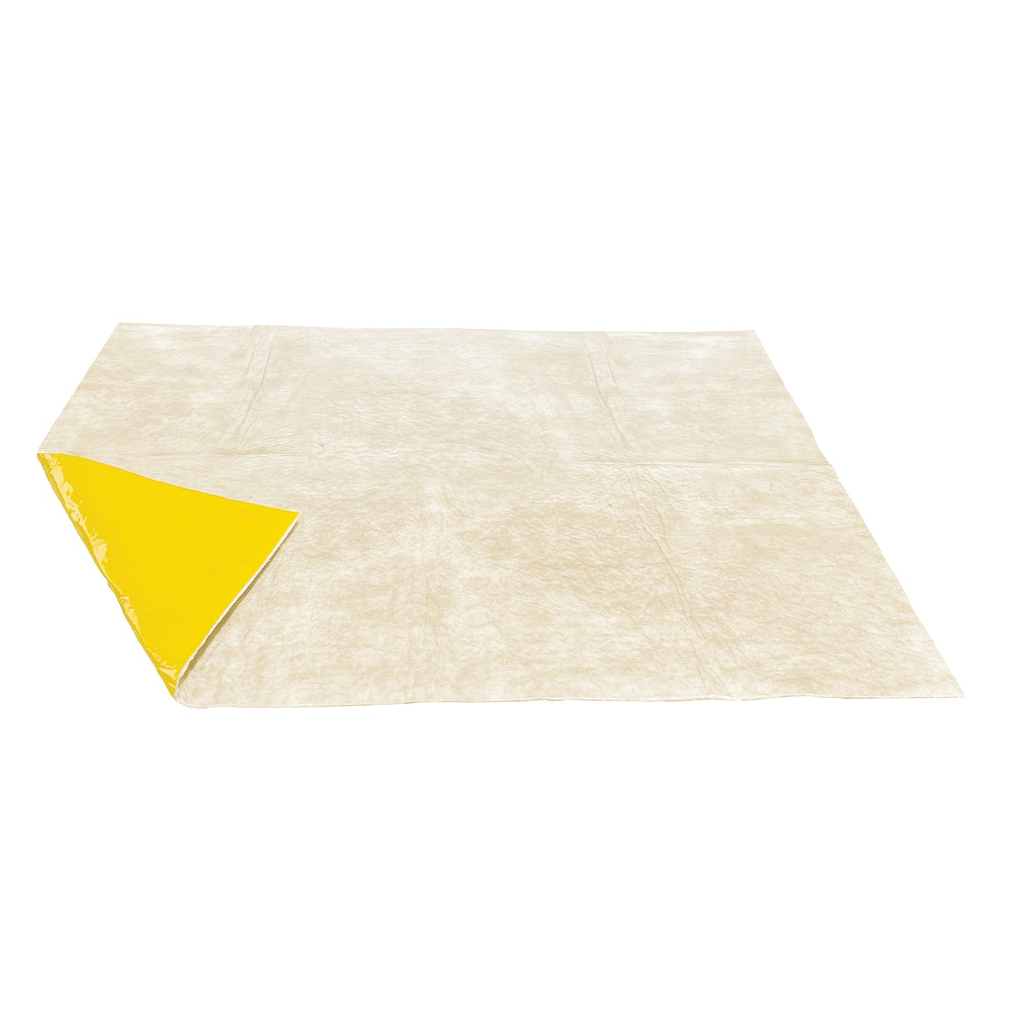 A SpilfyterMat Absorbent Mat Yellow with a yellow surface and a small, peeled-back yellow corner showing the underside.