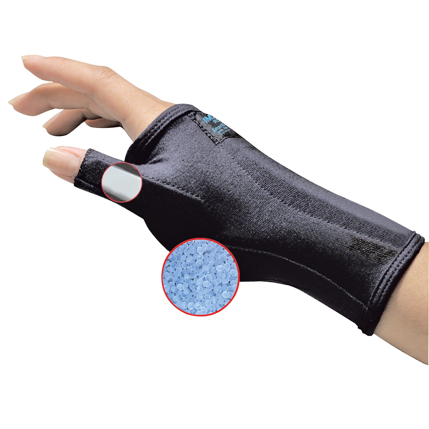 A hand wearing the Brownmed IMAK RSI SmartGlove with Thumb. Insets show interior cushioning and fabric close-ups.