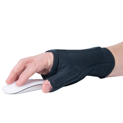 A hand wearing the Brownmed IMAK RSI SmartGlove with Thumb uses a white computer mouse.
