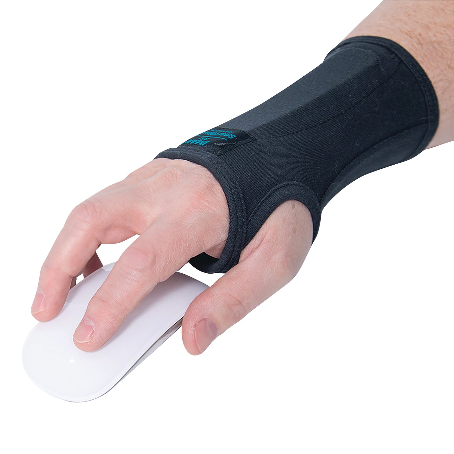 A hand wearing the Brownmed IMAK RSI SmartGlove with Thumb uses a white computer mouse, providing wrist support and stability.