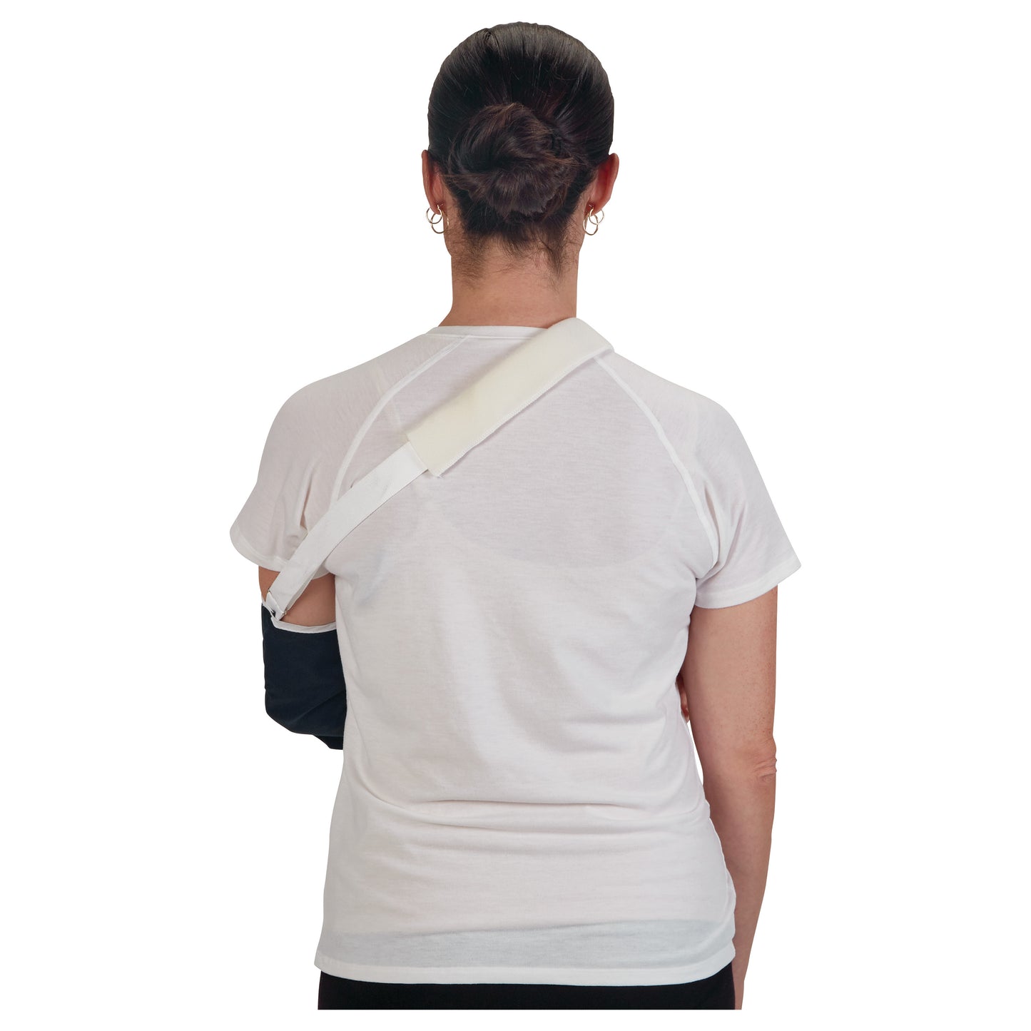 Rear view of a person wearing an AliMed Deluxe Envelope Style Arm Sling, with a white strap over the shoulder, supporting the arm.
