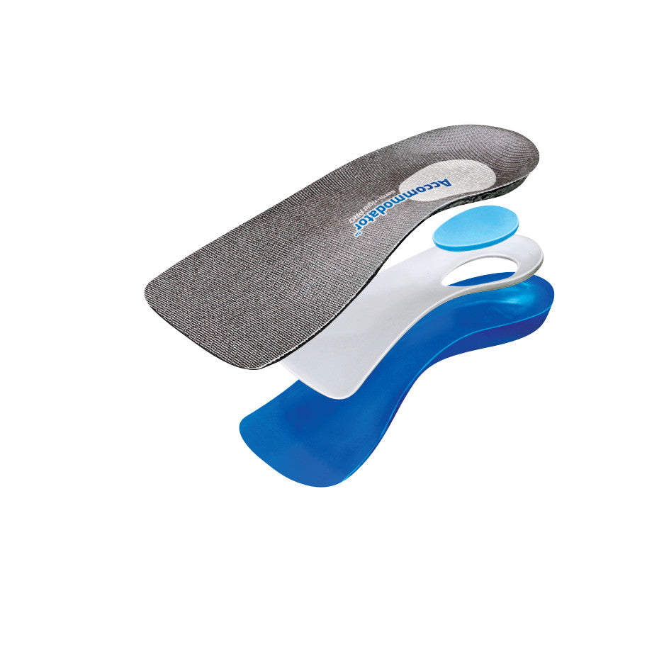 AliMed FREEDOM Accommodator 3/4-Length Semi-Rigid PRO Insole shown in layers of foam and gel, highlighting its structure.