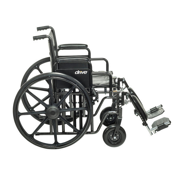 Drive Medical Sentra EC Heavy-Duty Wheelchair with Removable Desk Arms and Elevating Leg Rests, viewed from the side on a white background.