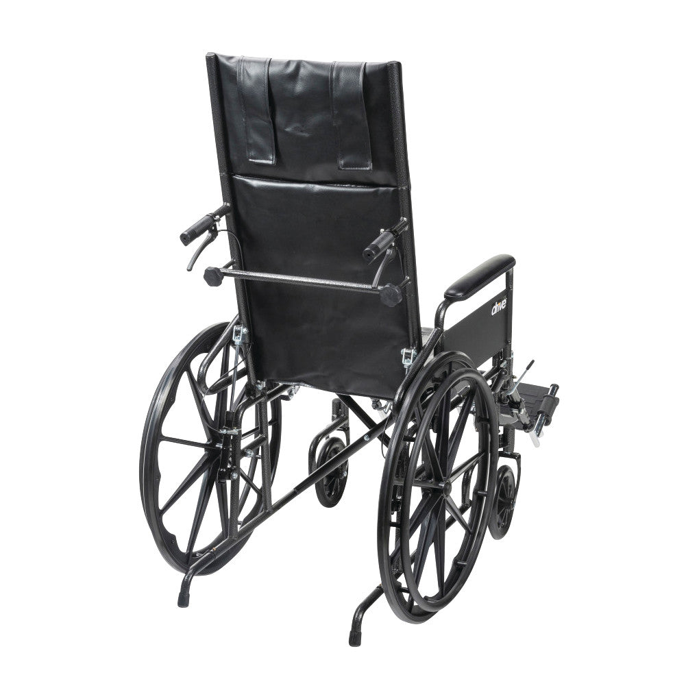 A Drive Medical Silver Sport Full Reclining Wheelchair shown from the back, featuring large rear wheels and a high backrest.