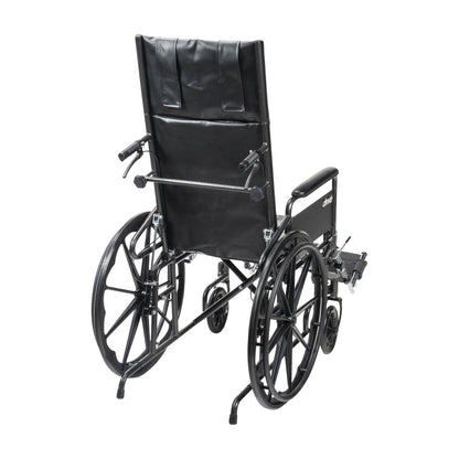 A Drive Medical Silver Sport Full Reclining Wheelchair shown from the back, featuring large rear wheels and a high backrest.