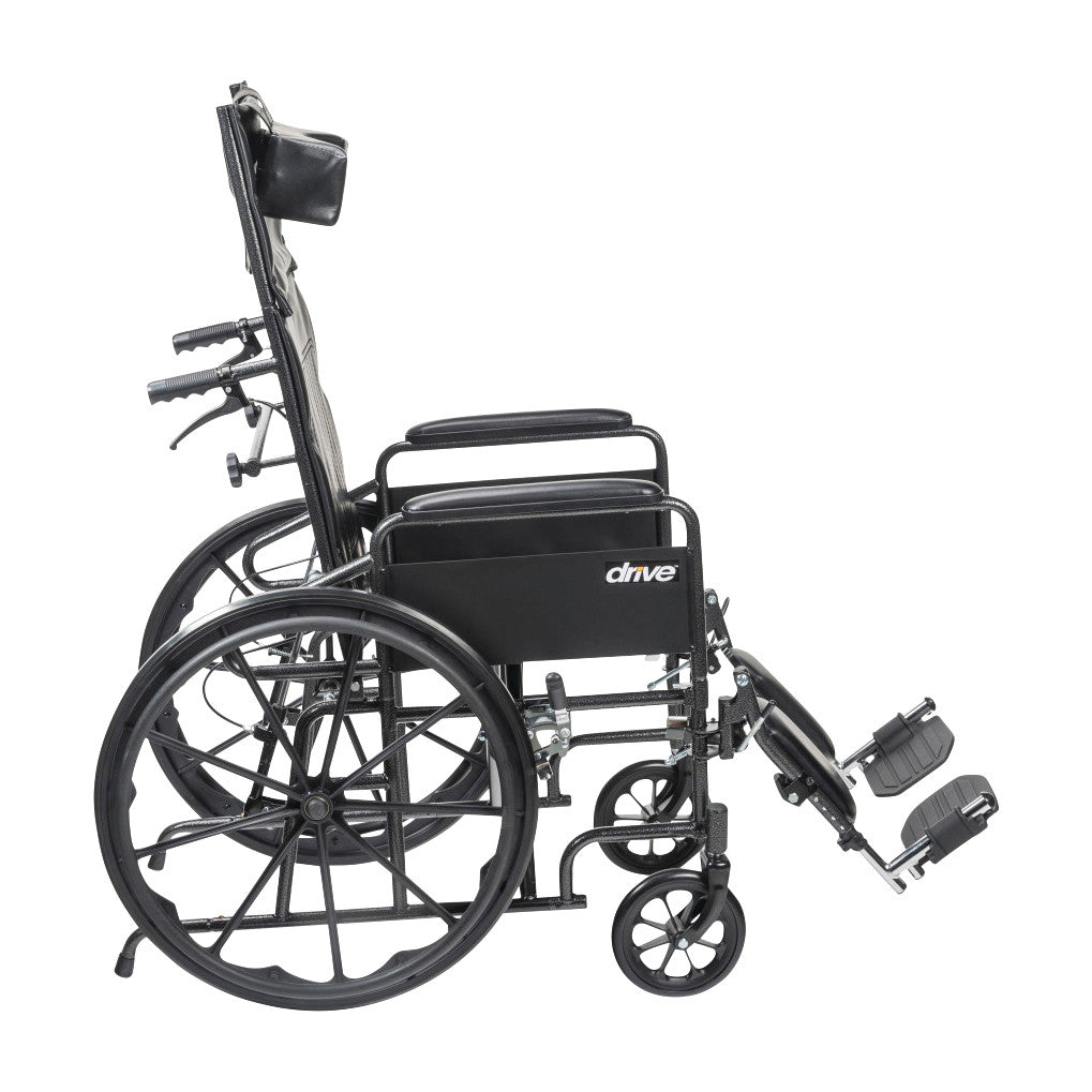 Side view of a Drive Medical Silver Sport Full Reclining Wheelchair with footrests, large rear wheels, and a back storage pouch.
