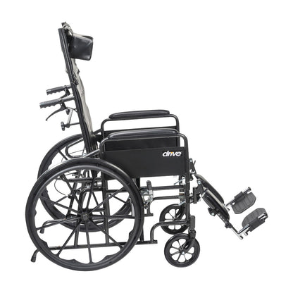 Side view of a Drive Medical Silver Sport Full Reclining Wheelchair with footrests, large rear wheels, and a back storage pouch.