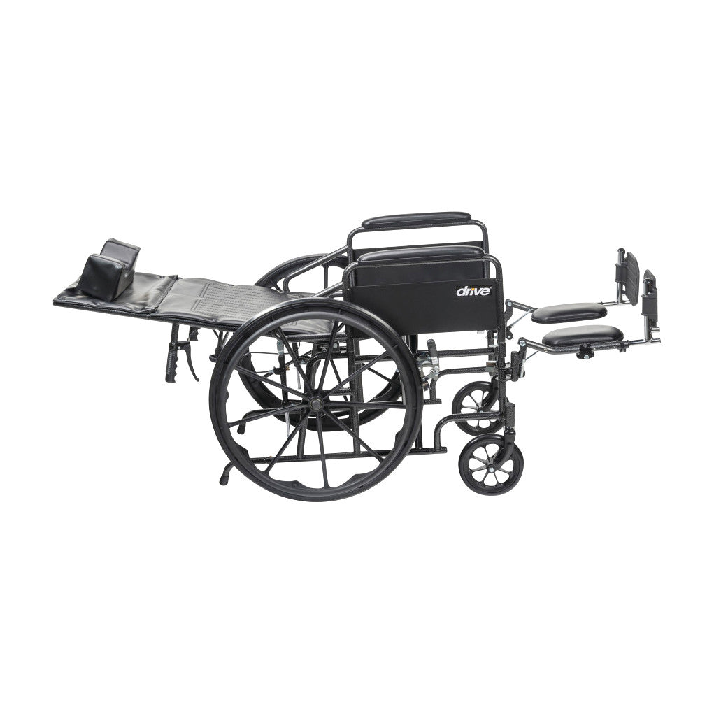 Drive Medical Silver Sport Full Reclining Wheelchair with elevated leg rest, side supports, and large rear wheels, shown in profile.