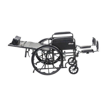 Drive Medical Silver Sport Full Reclining Wheelchair with elevated leg rest, side supports, and large rear wheels, shown in profile.