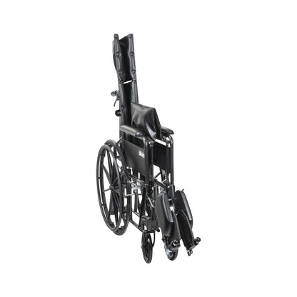 A Drive Medical Silver Sport Full Reclining Wheelchair, shown folded, featuring a black frame, large rear wheels, and footrests.