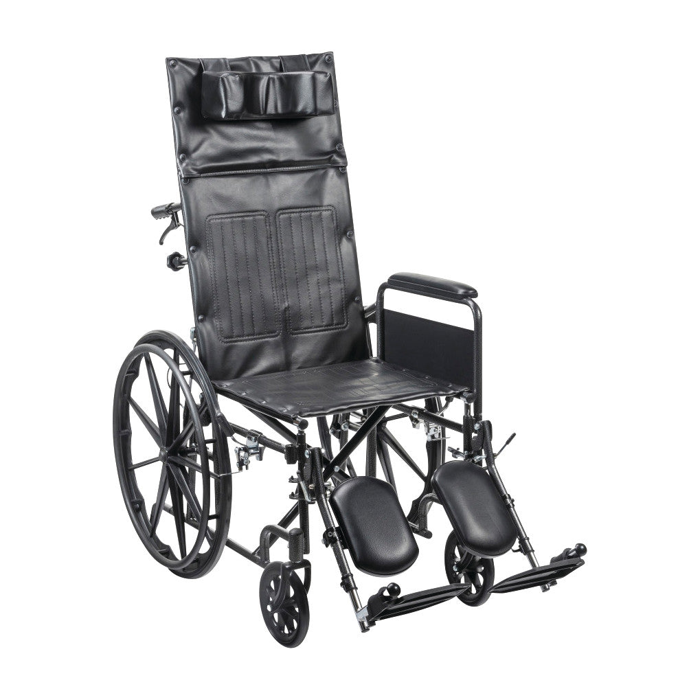 The Drive Medical Silver Sport Full Reclining Wheelchair features a black cushioned backrest and footrests on large rear wheels.