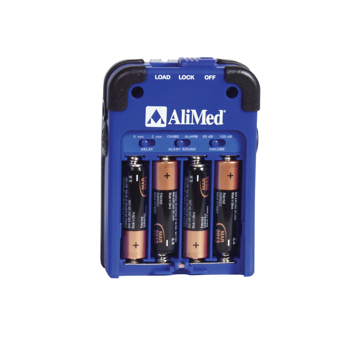 An AliMed IQ Sensor Alarm, featuring a blue casing with three visible AA batteries and control switches on top.