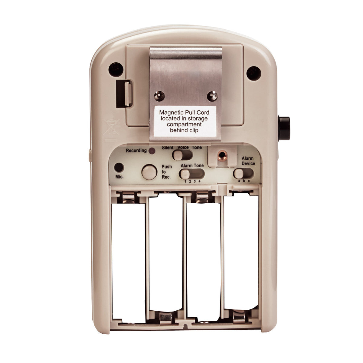 The back view of an AliMed IQ VOICE Alarm, featuring battery compartments and control buttons.