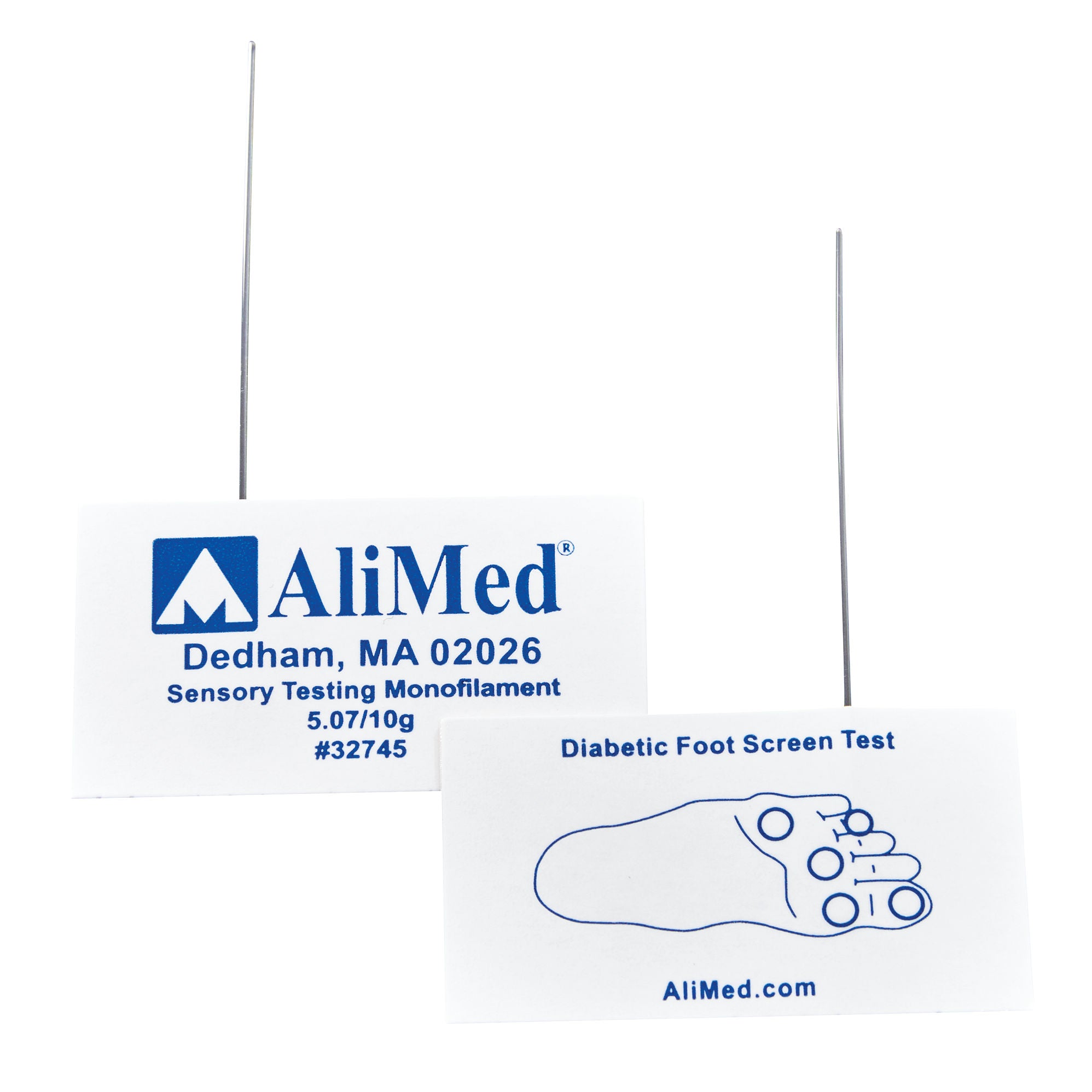 Two AliMed Disposable Monofilaments for diabetic foot screening are shown. Cards display the AliMed logo and foot diagram.
