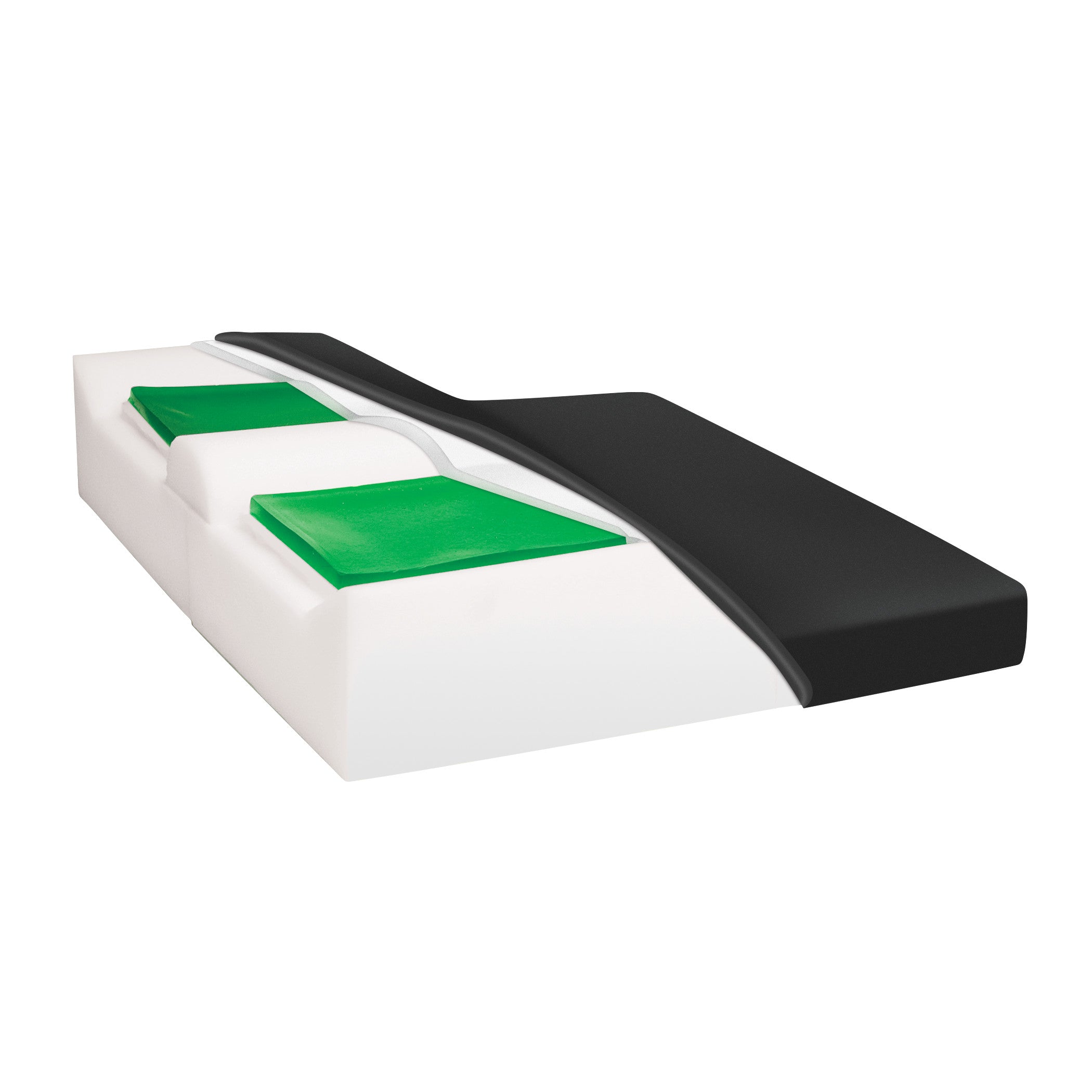 The AliMed Elite Anti-Thrust Gel Wheelchair Cushion features a black, white, and green design with a raised contour for support.