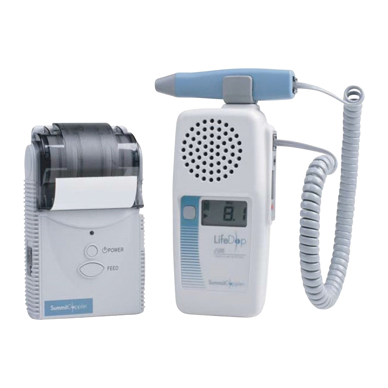 ABI Kit for LifeDop Vascular Testing System with handheld Doppler device, coiled cord, a printer with buttons and paper feed.