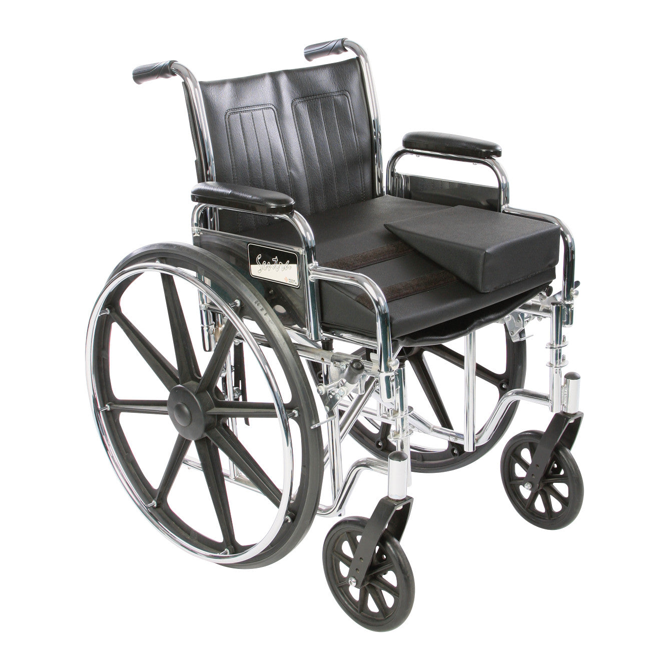 A wheelchair with a black AliMed AliHip Wheelchair Cushion, featuring large rear wheels and smaller front caster wheels.