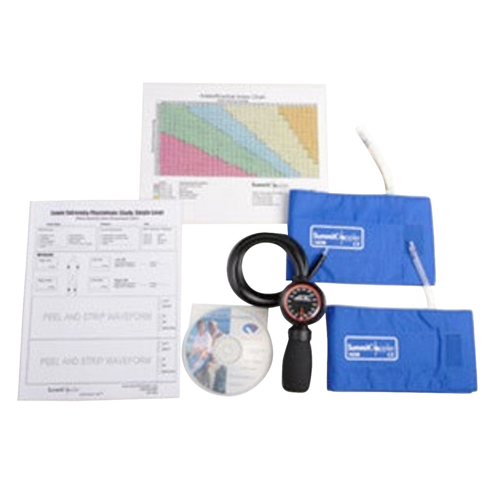 Summit Doppler ABI Kit includes charts, two blue cuffs, a gauge with a bulb, and a software CD for vascular assessment.