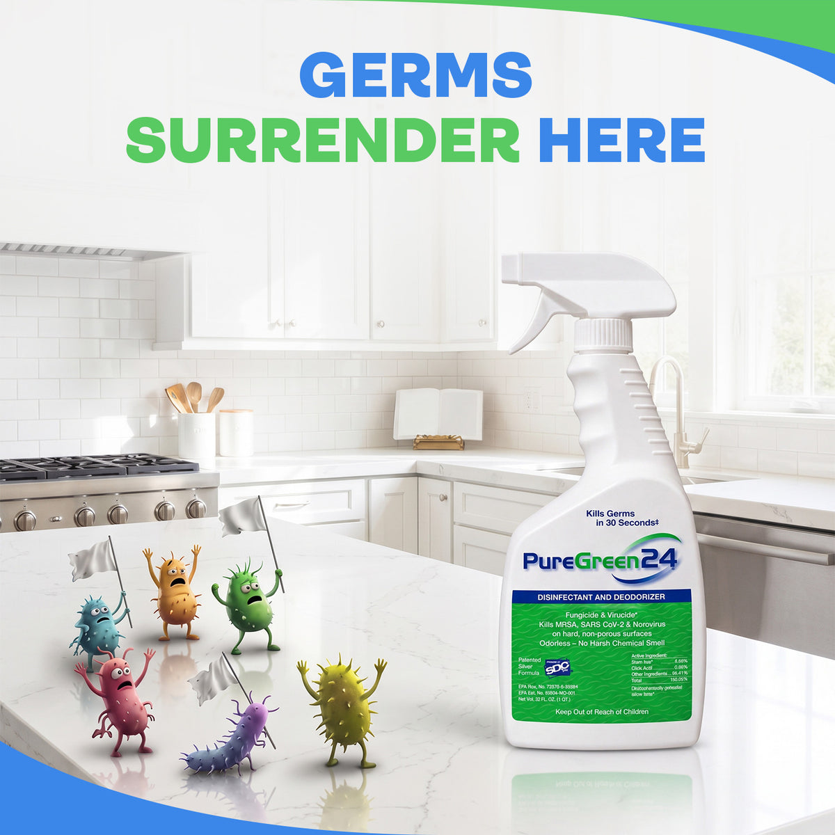 A clean kitchen countertop with cartoon germs holding white flags near a bottle of PureGreen24 disinfectant.
