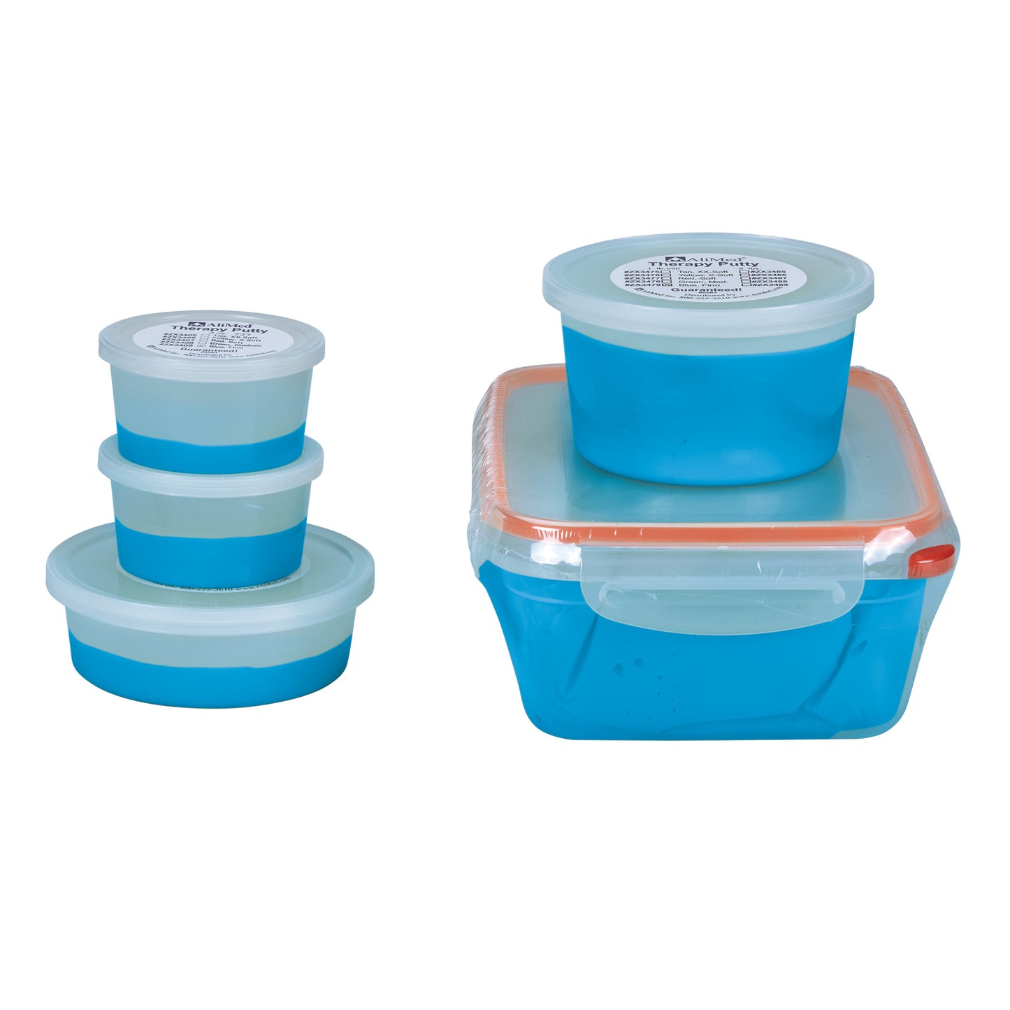 AliMed Color-Coded Therapy Putty containers in different sizes, featuring blue putty with clear lids.