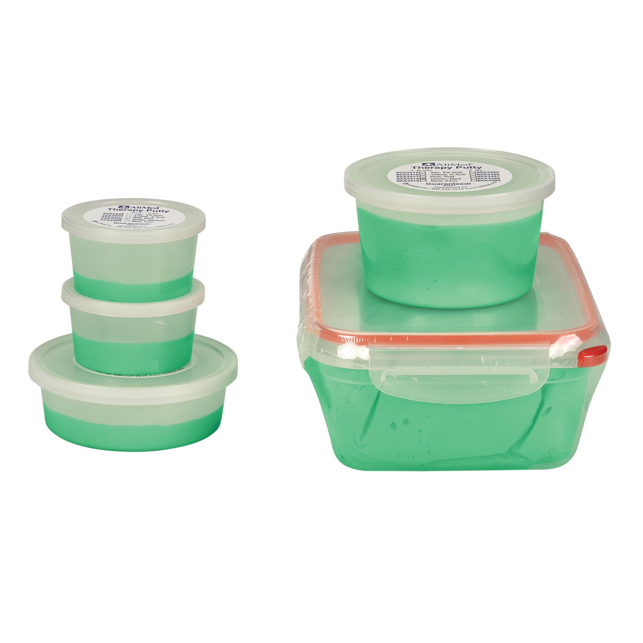 AliMed Color-Coded Therapy Putty in various containers, showing different sizes stacked; all have green putty inside.