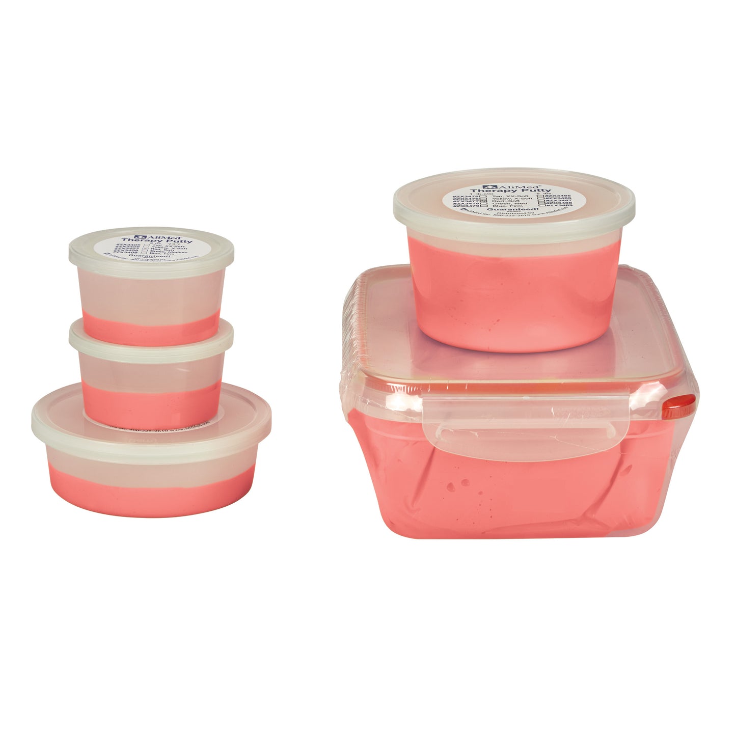 AliMed Color-Coded Therapy Putty in three stackable containers and one sealed square container, all filled with pink putty.