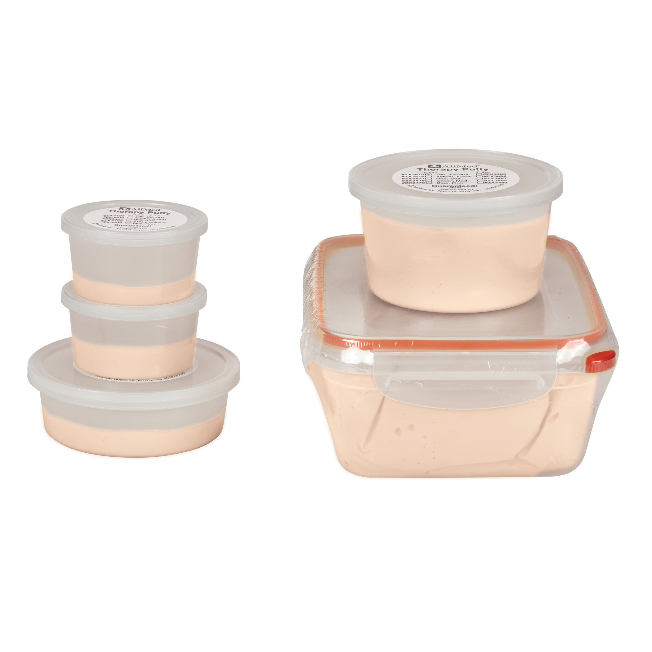 AliMed Color-Coded Therapy Putty, shown in stacked round and square transparent containers with white lids.