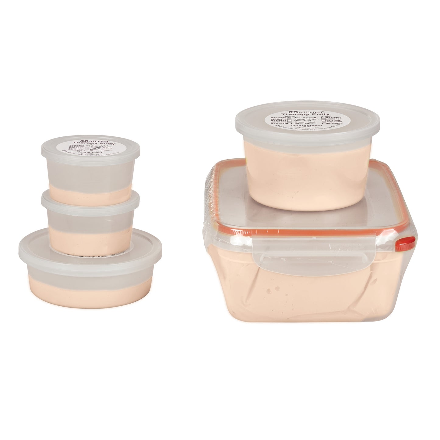 AliMed Color-Coded Therapy Putty, shown in stacked round and square transparent containers with white lids.