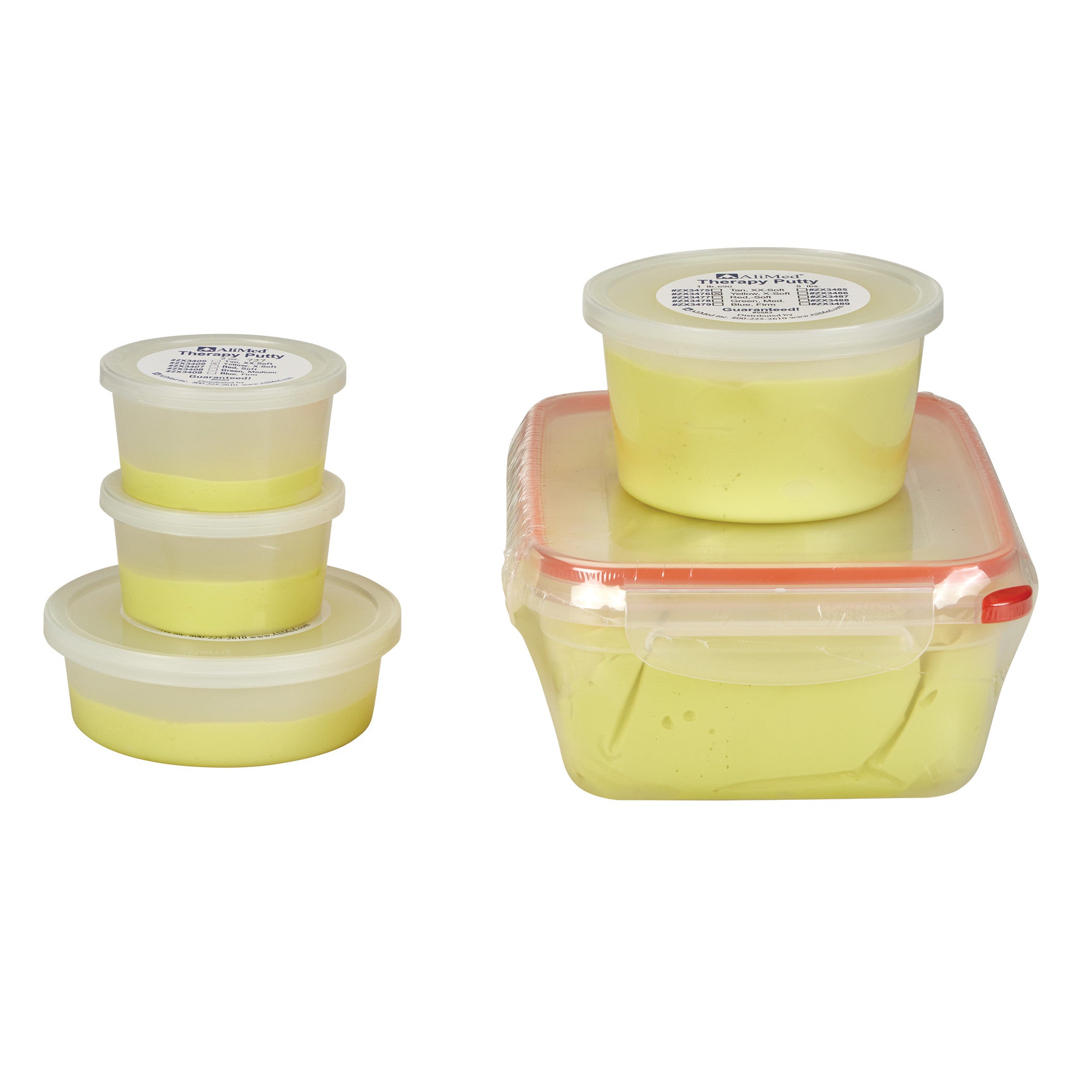 AliMed Color-Coded Therapy Putty in five containers of varying sizes with lids, two stacked on the right and three on the left.