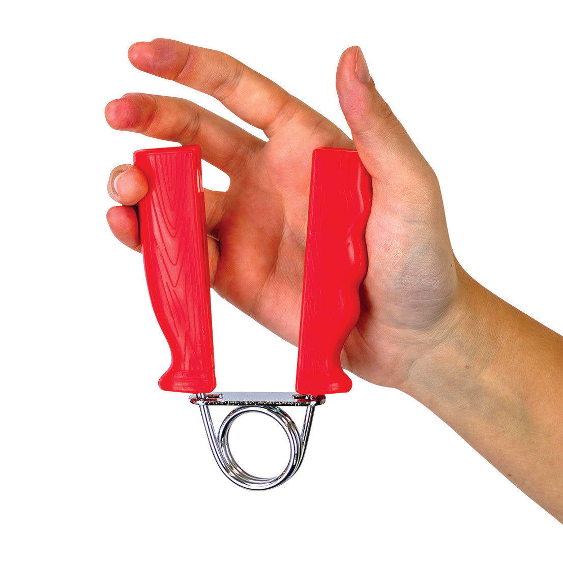 A hand holds the CanDo Fixed Resistance Grip Exerciser, featuring red plastic handles and a metal spring coil in the center.