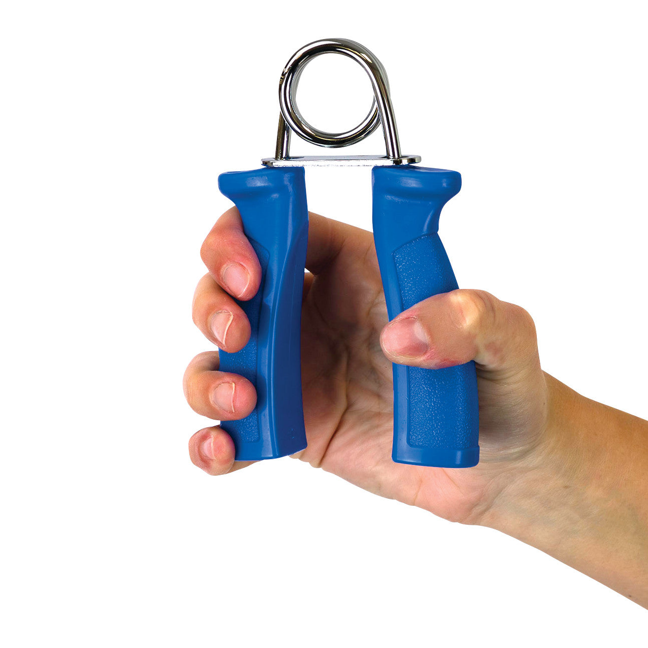 A hand holds the CanDo Fixed Resistance Grip Exerciser with blue plastic handles and a metal tension spring.
