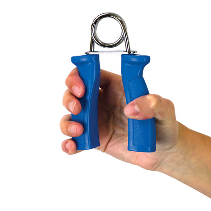 A hand holds the CanDo Fixed Resistance Grip Exerciser with blue plastic handles and a metal tension spring.