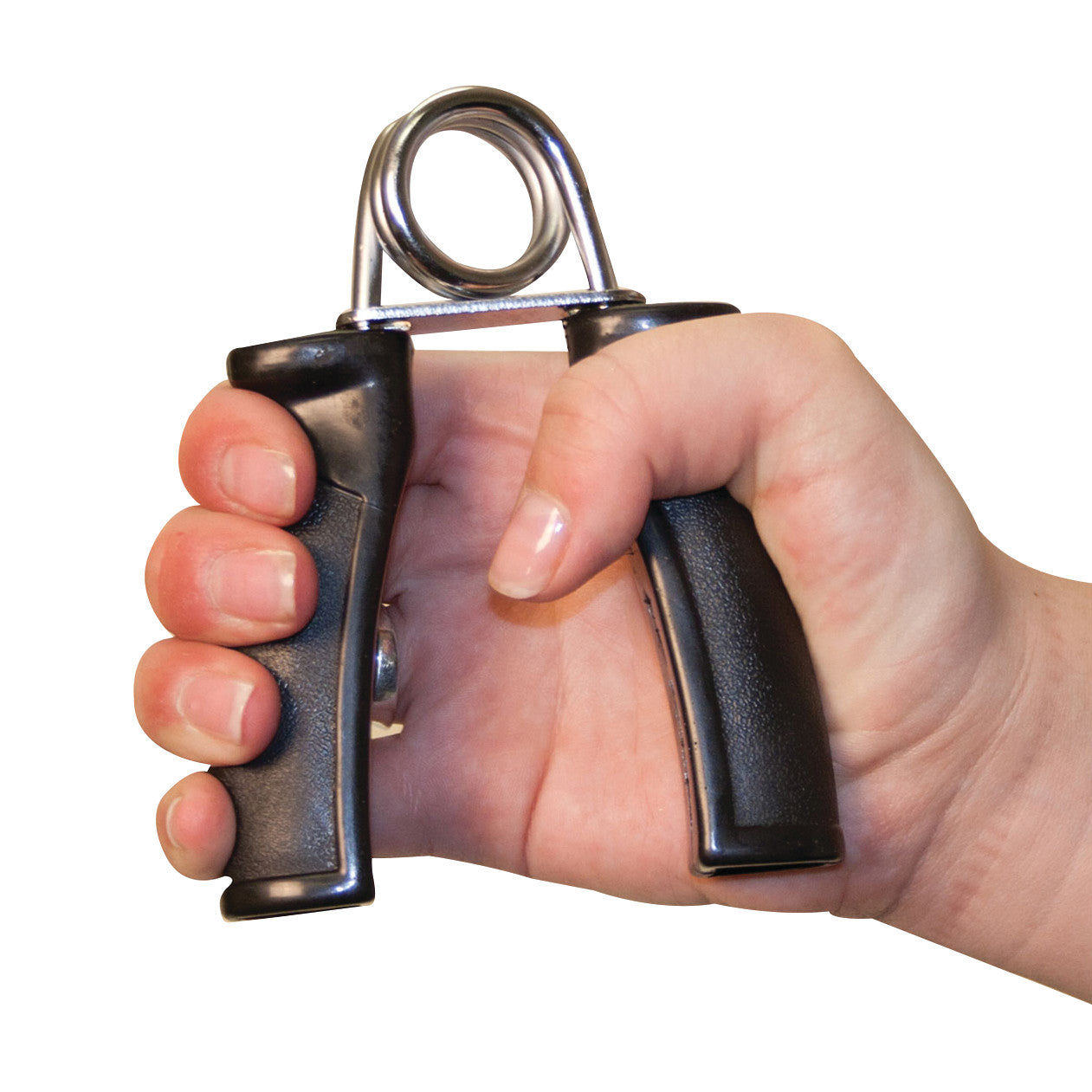A hand holds a CanDo Fixed Resistance Grip Exerciser with black handles and a metal coil for strength training.