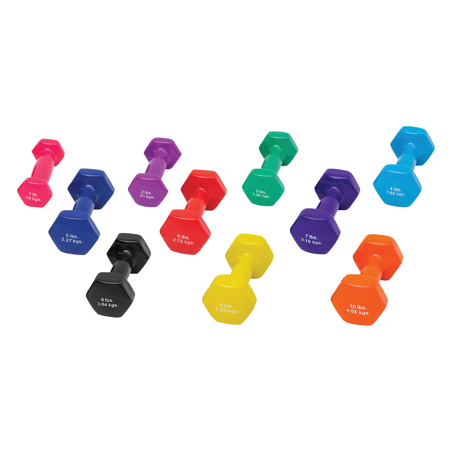 Colorful CanDo Vinyl-Coated Dumbbells are arranged in pairs, varying from 1 lb to 10 lbs, each with a hexagonal shape.