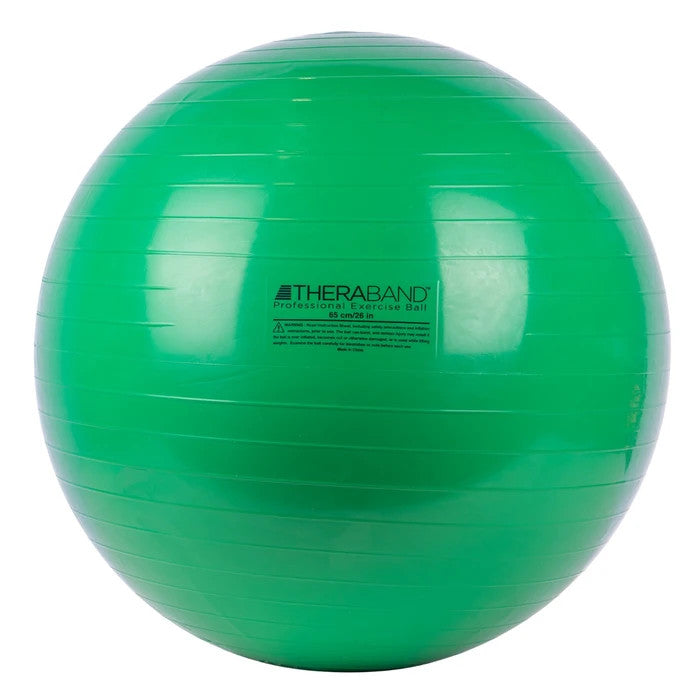 A green THERABAND Exercise Ball with horizontal ridges. The text on it reads "Professional Exercise Ball 85 cm/26 in."