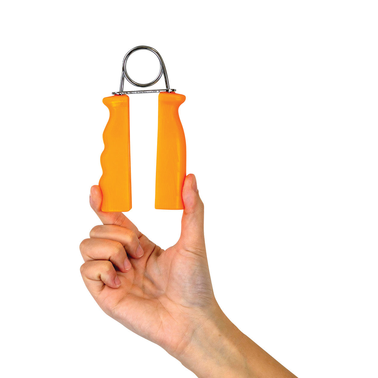A hand holds a CanDo Fixed Resistance Grip Exerciser with orange handles on a white background.
