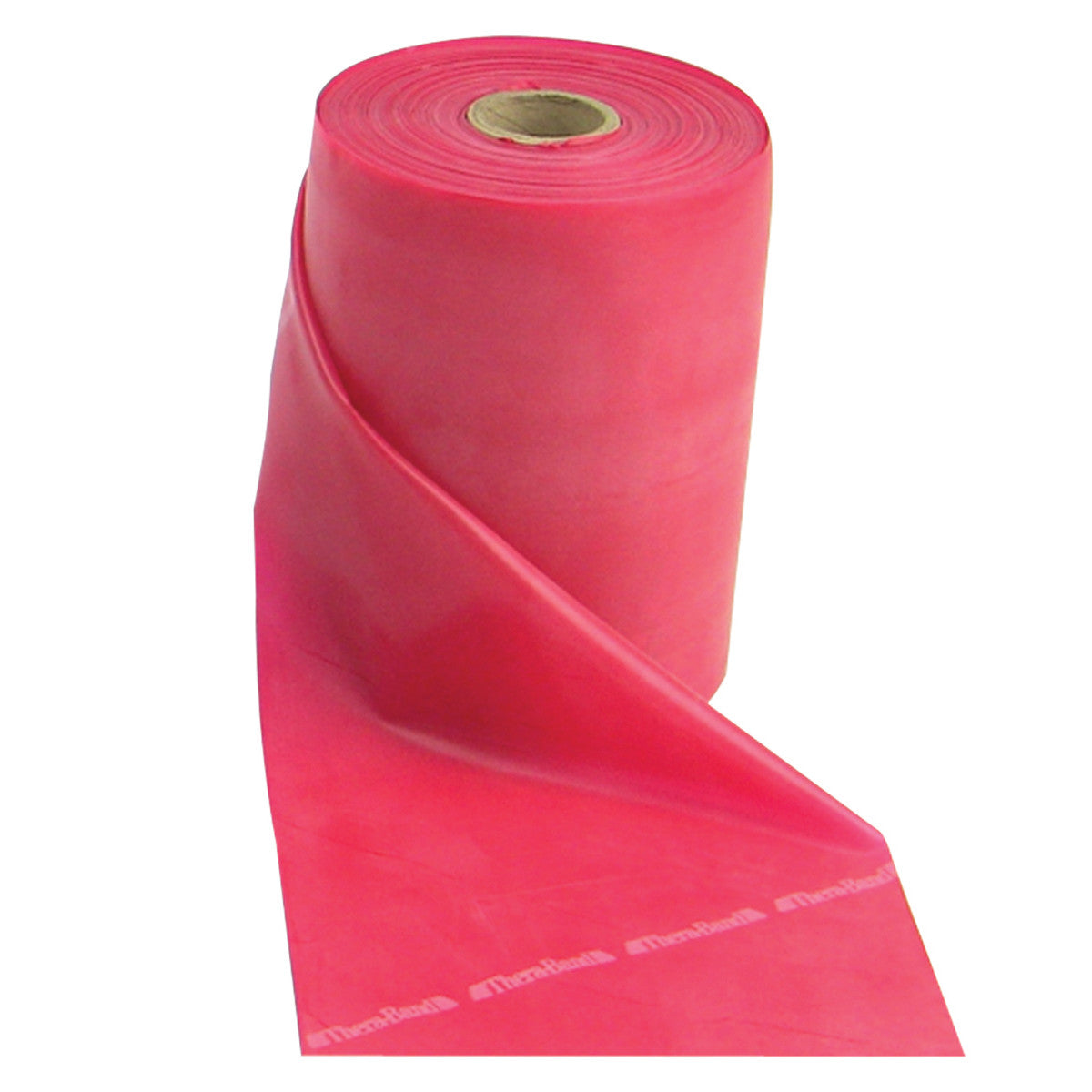 Red roll of THERABAND Non-Latex Resistive Exercise Band, partially unrolled with logo visible.