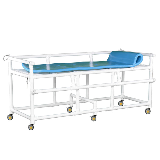 The image displays an IPU MRI Stretcher made of white PVC piping with side rails and black caster wheels on each corner.
